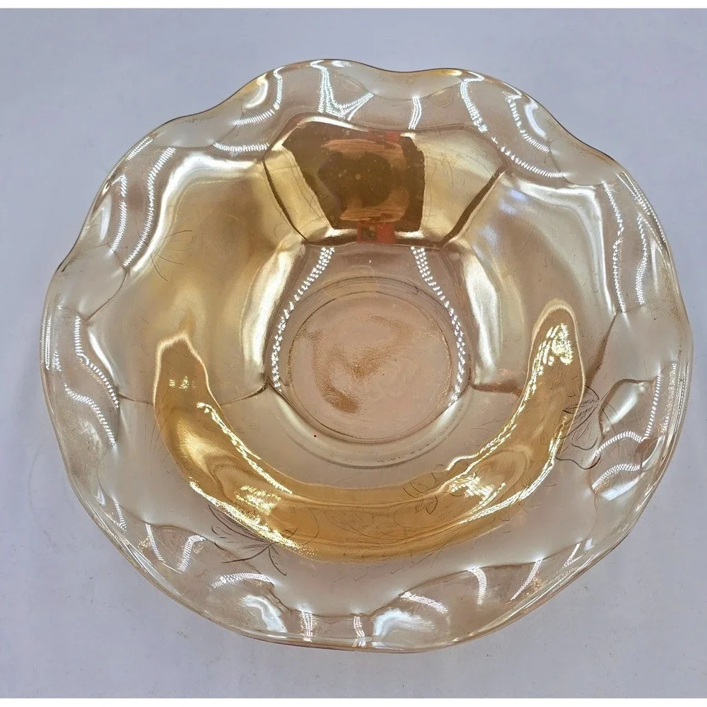Ruffled Edge Louisa Amber Iridescent Floragold Embossed Depression Glass Dish 9
